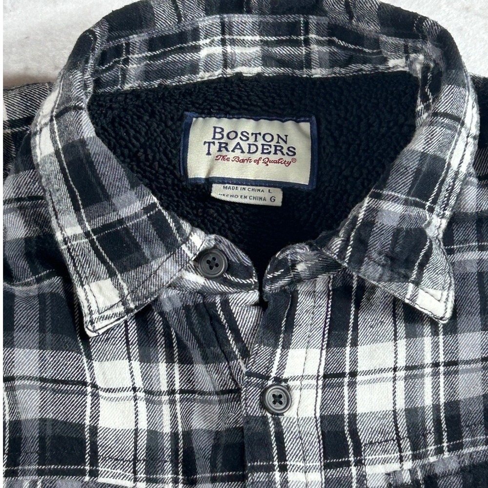 Boston Traders Mens Large Sherpa Lined Flannel Shirt Jacket Black White Plaid